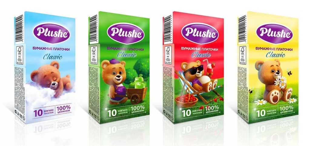 Plushe classic Платочки бумажные, 2-х слойные, дизайн в ассортименте, 10 шт.